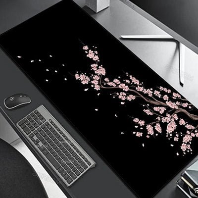 sous main bureau noir avec motif cerisier blanc