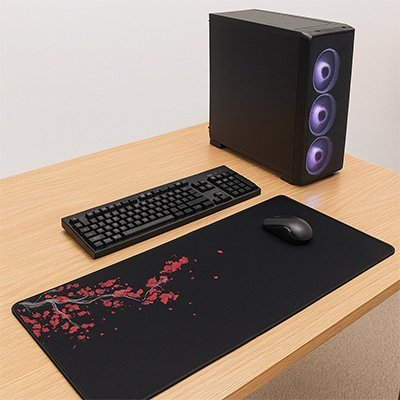 sous main bureau noir avec pc clavier et souris