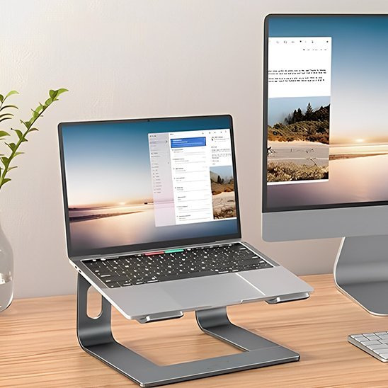 support ordinateur ergonomique pose sur un bureau avec laptop 2