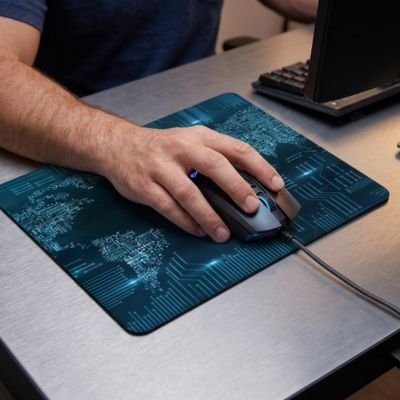 Tapis de souris avec souris filaire tenue par une main