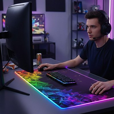 tapis de souris gamer rgb avec un gamer homme