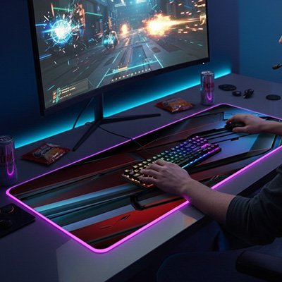 tapis de souris gamer rgb presente avec homme jouant