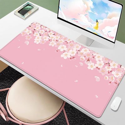 tapis de souris xxl rose sur un bureau avec ordinateur