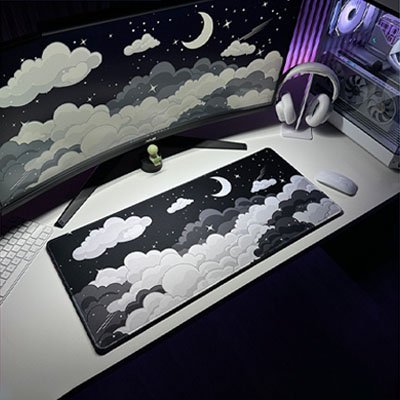 tapis souris gamer noir avec nuages et etoiles
